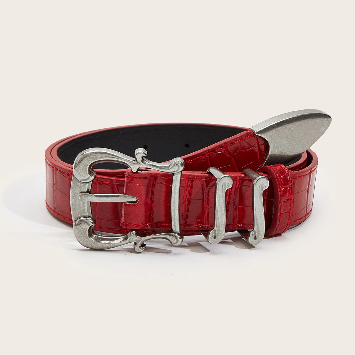 Hochwertiger Luxus-Designer-Gürtel mit Krokodilmuster in Rot für Damen, neue Mode, schwarzer Nischen-Gürtel für Röcke und Jeans, Punk-Accessoires. – Detail 4