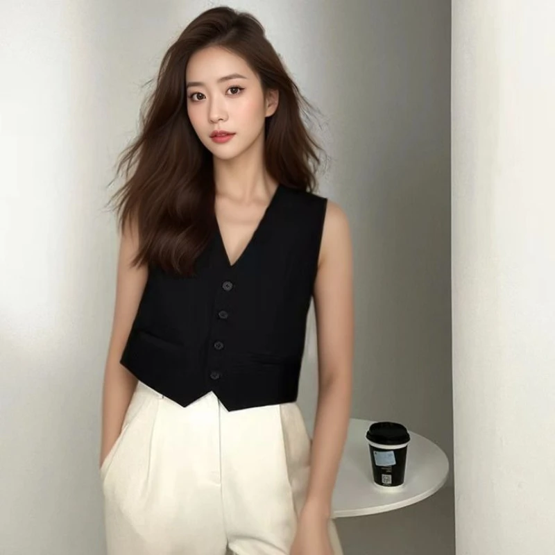 

2026 Spring Autumn Women Vintage Long Blazer Vest Chic Single Button Sleeveless Suit Female Jacket Tops