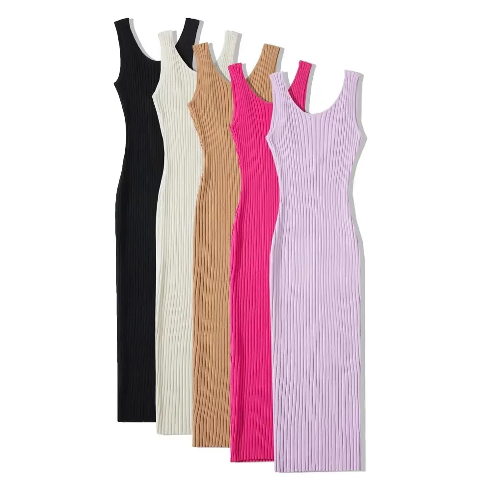 ผู้หญิง Backless Midi Dress ฤดูร้อนถัก5สียืดหยุ่น Slim Dresses