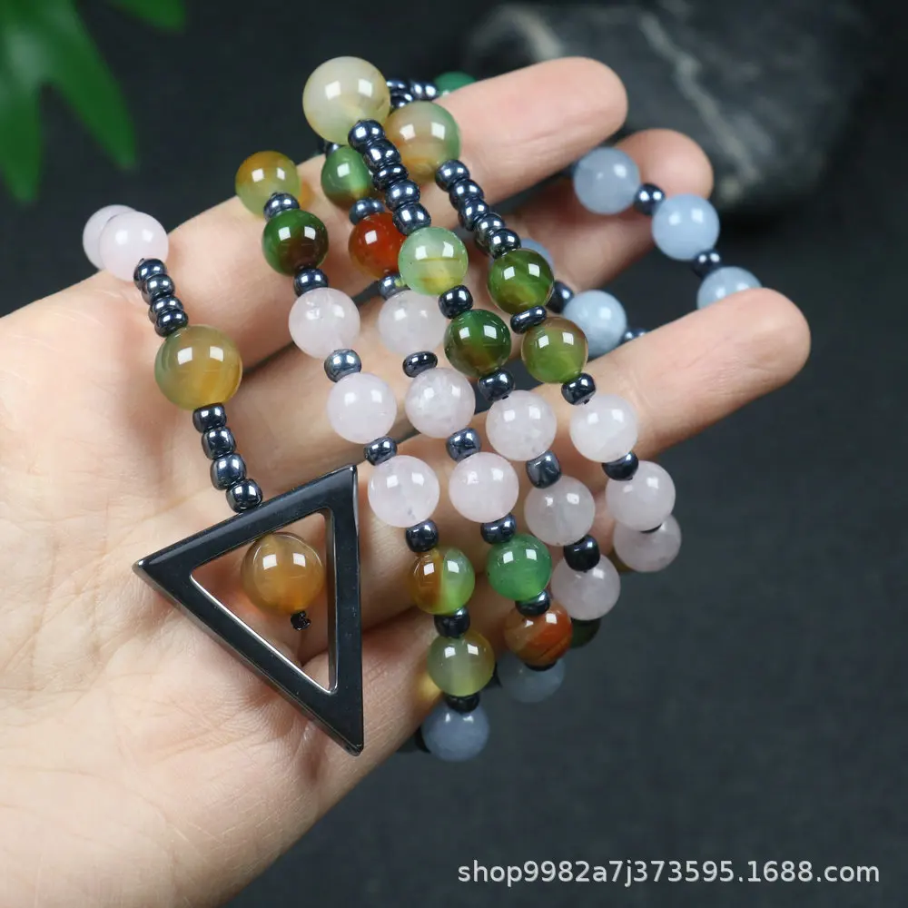 Natural multi-color agate stone prayer bead necklace, powder crystal peacock jade triangle pendant, men's and women's jewelry