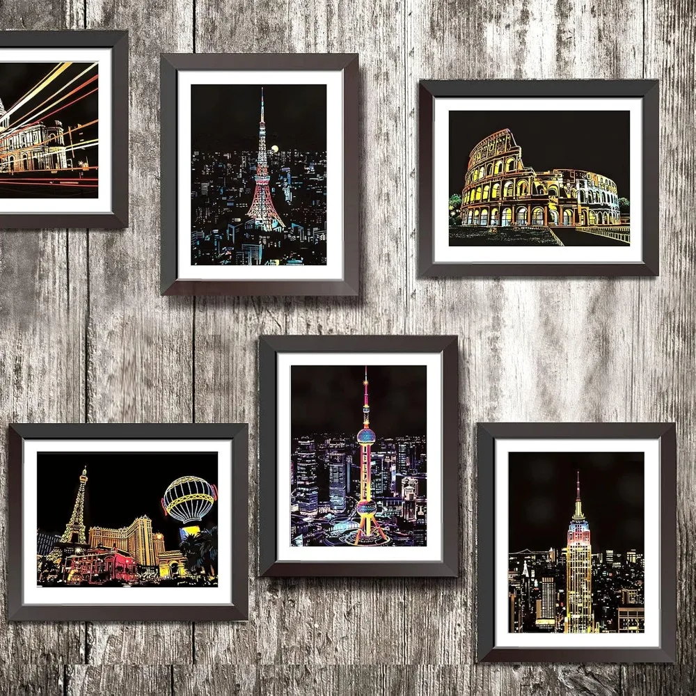 12 스크래치 스크래치 무지개 종이, 스케치 패드 DIY 아트 및 Craft City 시리즈 야간 풍경 스크래퍼, 7.8 X 5.5 인치