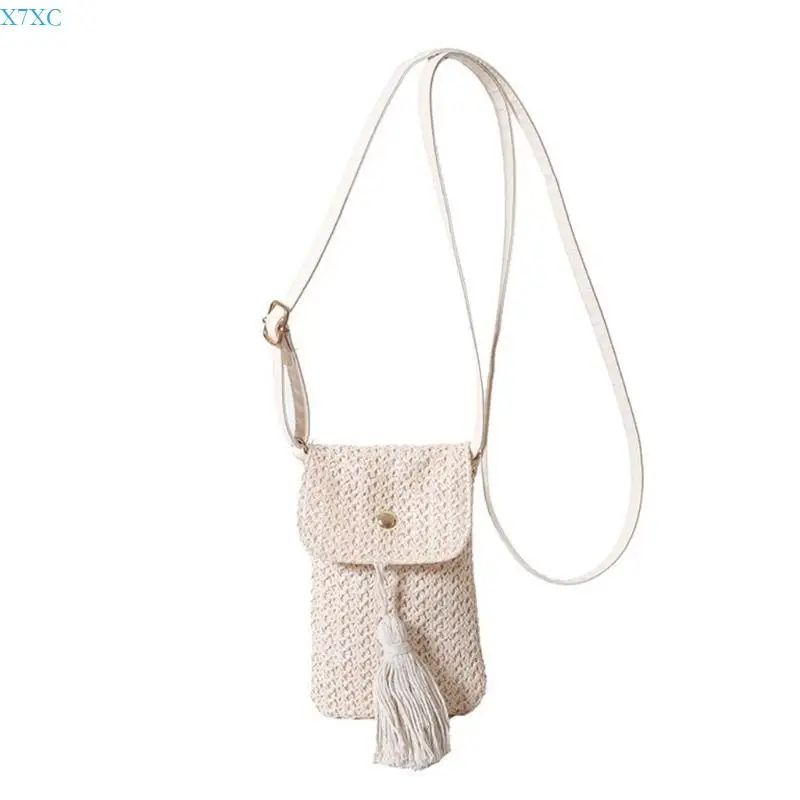 X7XC Beach Woven Straw Tassels Small Phone Bag for Women's Fashion Shoulder Crossbody Purse Wallet with Adjustable Strap