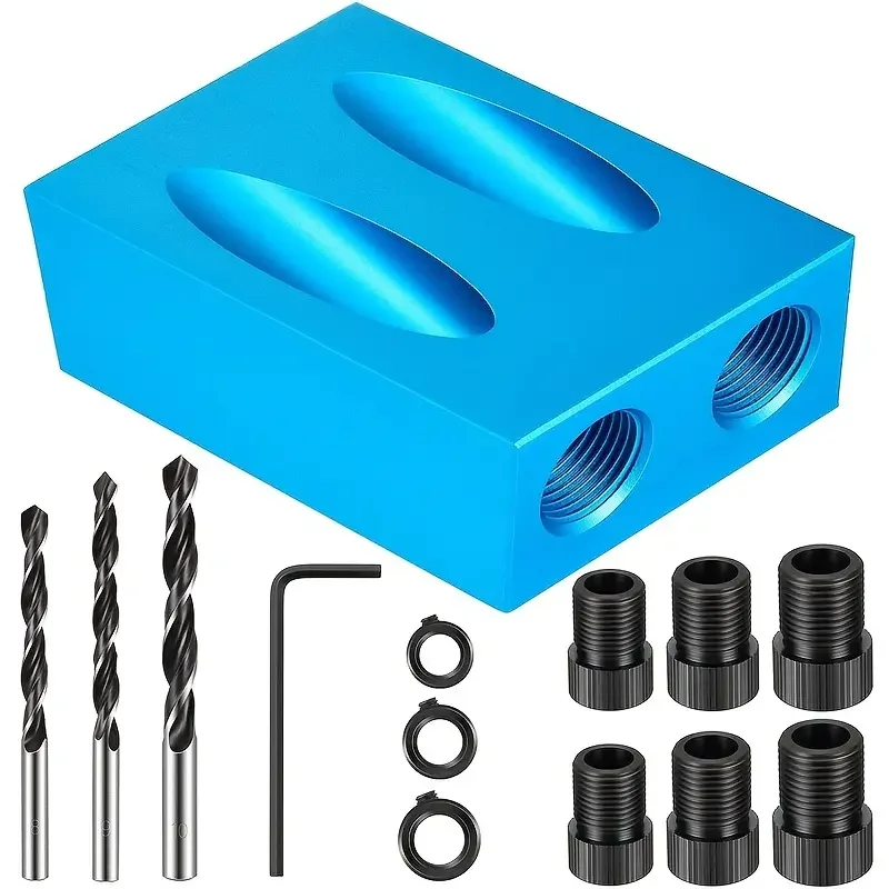 14pc 15 ° Blue Woodworking Oblique Hole Locator 7pc Drilling Regulator Limit Three-point Woodworking Drill Tool Set