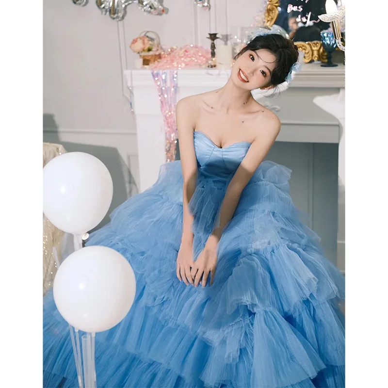 Blue Strapless Wedding Dress Sweet Princess Style Light Luxury Outdoor Party Banquet Photo Shoot Fluffy Skirt Customized