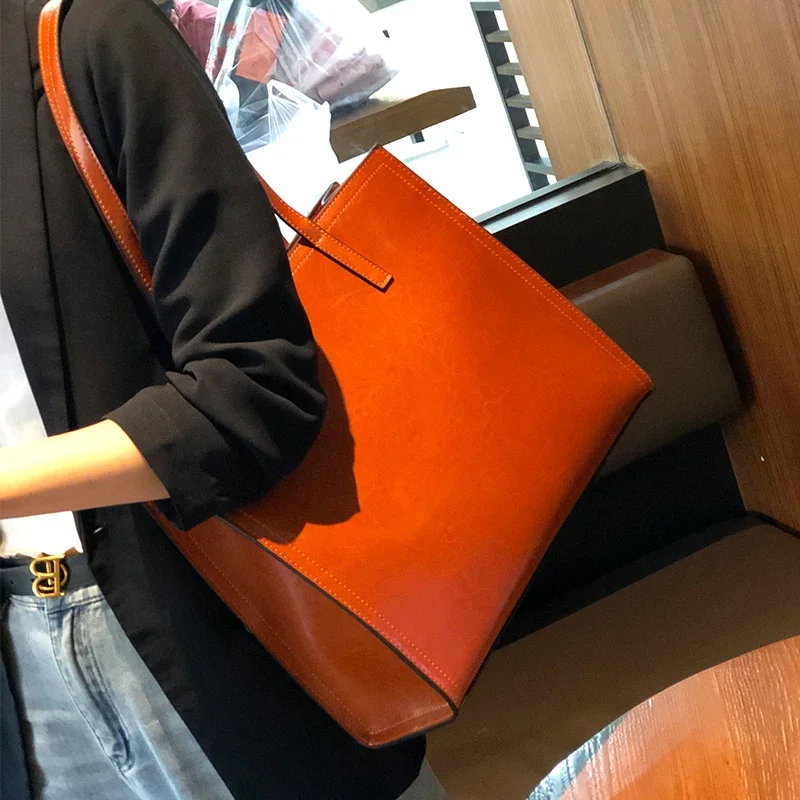 

Authentic Oil Wax Cowhide Leather Women's Handbag Soft Mixed Color Tote Bag Large Capacity Shopping Bags For Ladies Brand Bag