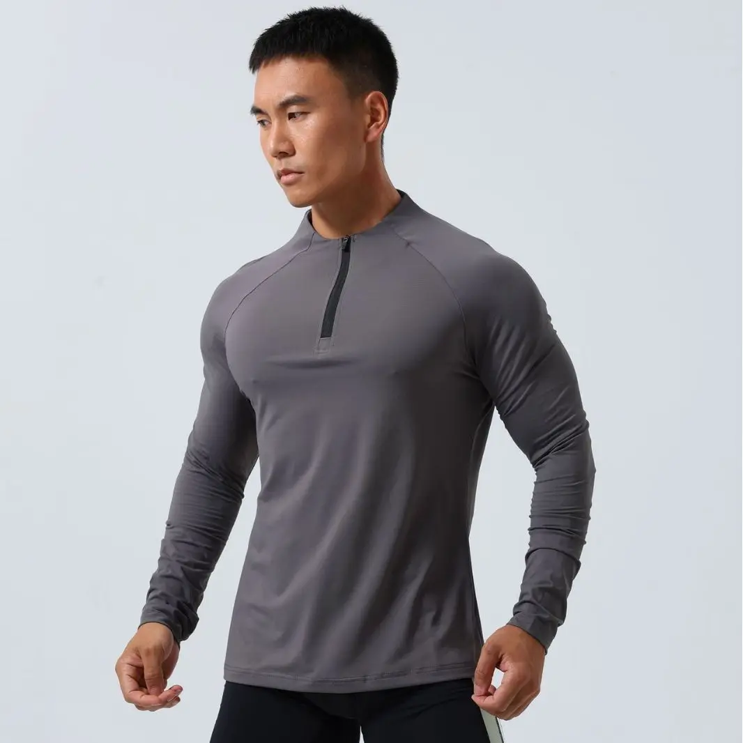 Men\'s Autumn Zipper Elastic Tight Long Sleeve Outdoor Breathable Sports Fitness Leisure Running Training Youth Warm Solid Color