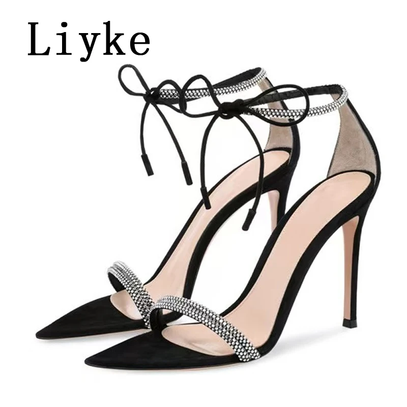 Liyke New Fashion Crystal Rhinestone Women Sandal Elegant Party Wedding Banquet Shoes Sexy Pointed Toe Lace Up High Heels Black
