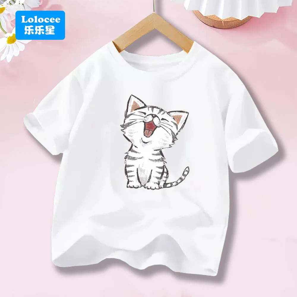 الكرتون لطيف الحيوانات الأليفة المطبوعة موضة نمط تي شيرت عادية قصيرة الأكمام تي شيرت لطيف القط الصيف نمط بلايز المحملة MBM1