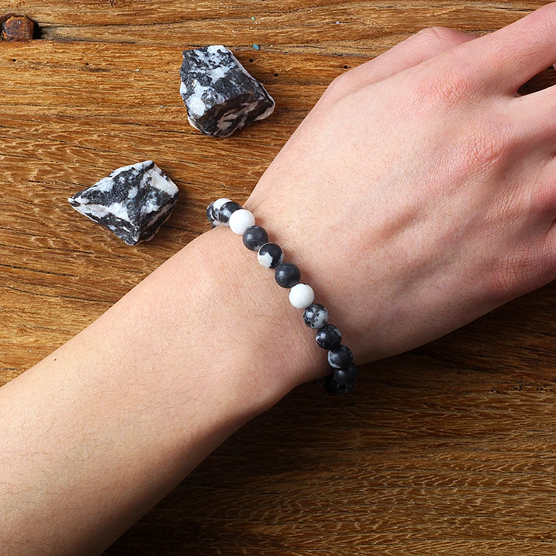 Black White Zebra Jasper Bracelets Men Women Natural Stone Round Bead Yoga Meditation Pink Zebra Energy Jasper Jewelry Pulsera