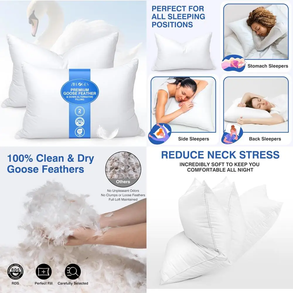 

King Size Goose Feather Pillows Set of 2 - Premium Hotel-Style Down Pillows for Comfortable Sleep, Covered in Soft 600 Thread Co