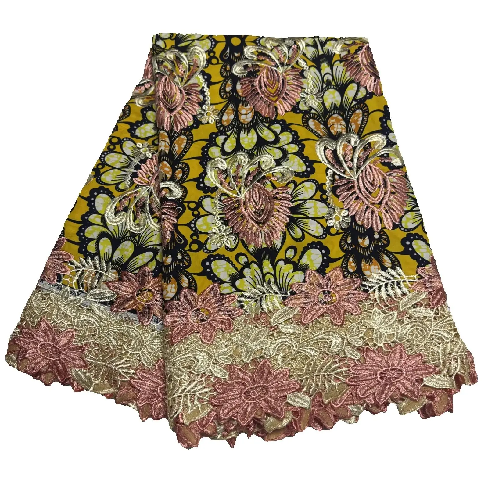 

Wax Lace African Fabric French Lace Yellow Guipure Embroidery Wax Lace Cotton Ankara For Women Dress 6 Yards