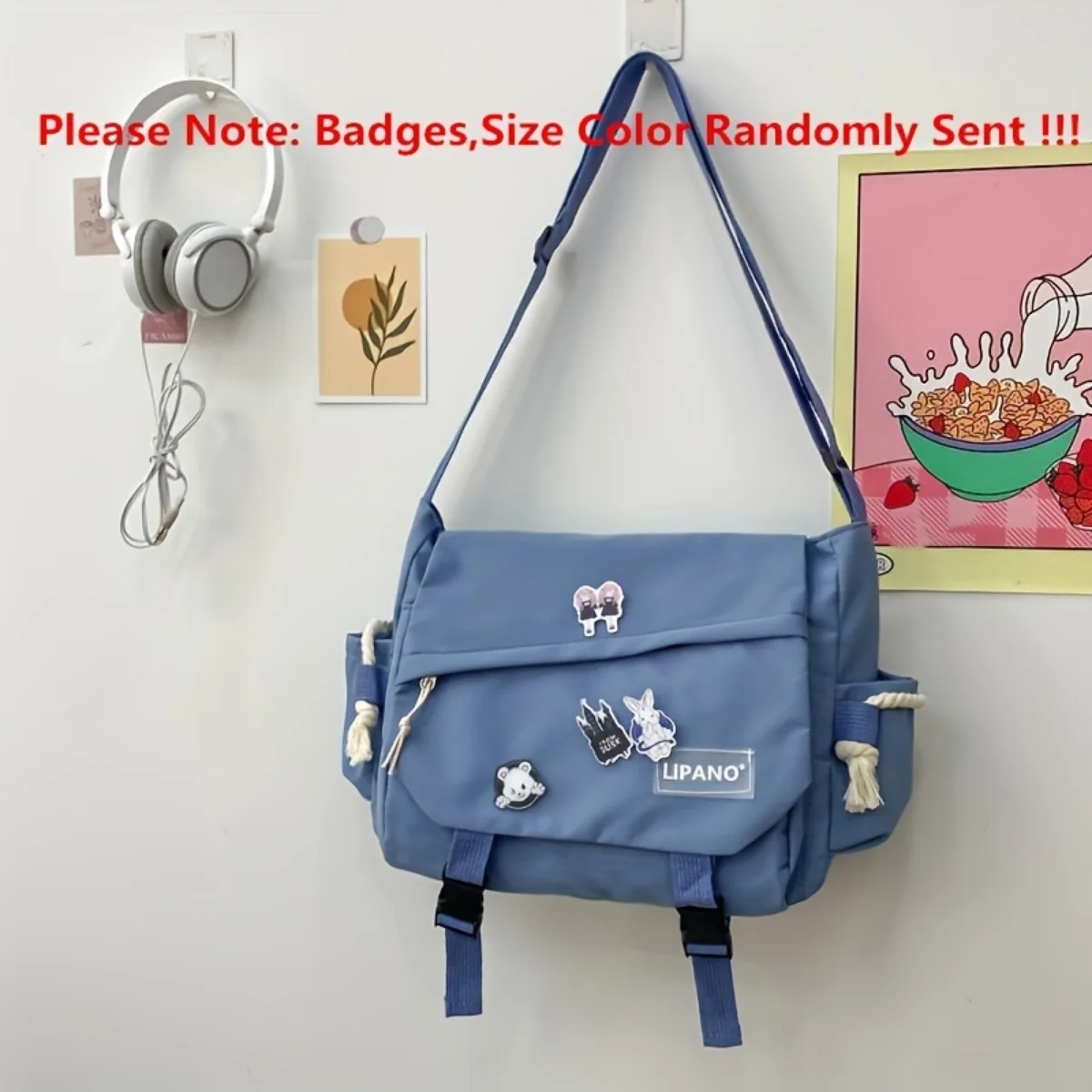 Kawaii Pins Decor Messenger Bag Release Buckle Decor Flap Crossbody Bag Large Capacity School Bag Crossbody Shoulder Bags