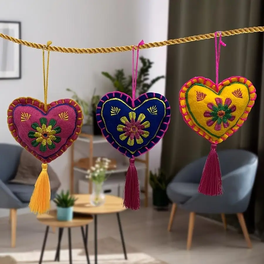 1/5/10/20/50/100pcs Vintage Heart-Shaped Felt Hanging Ornaments with Tassels - Colorful Floral Design, Perfect for Car & Home De