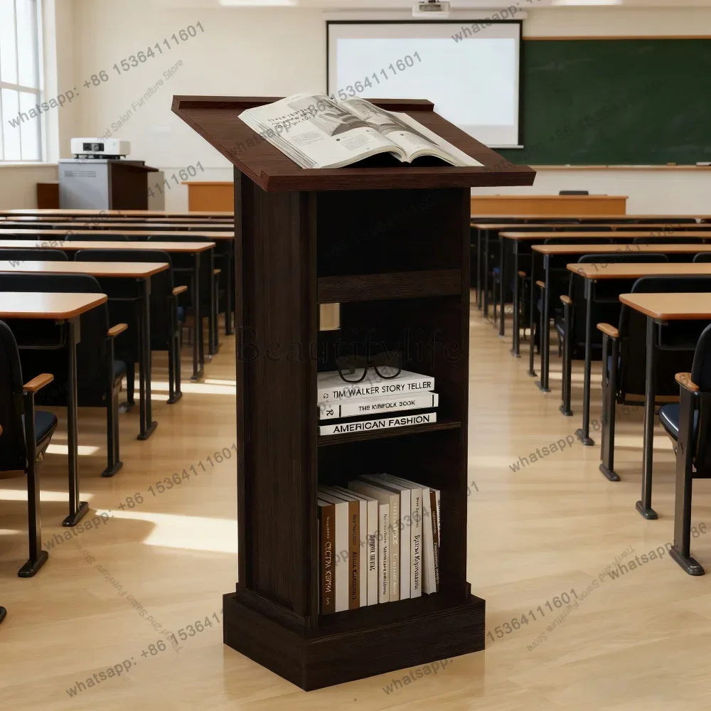 LSWood Podium Stand, Wooden Lectern with Mic Stand Space, 1 Sliding Shelf with Cup Holder and 1 Fixed Shelf, for Churches Semina 4