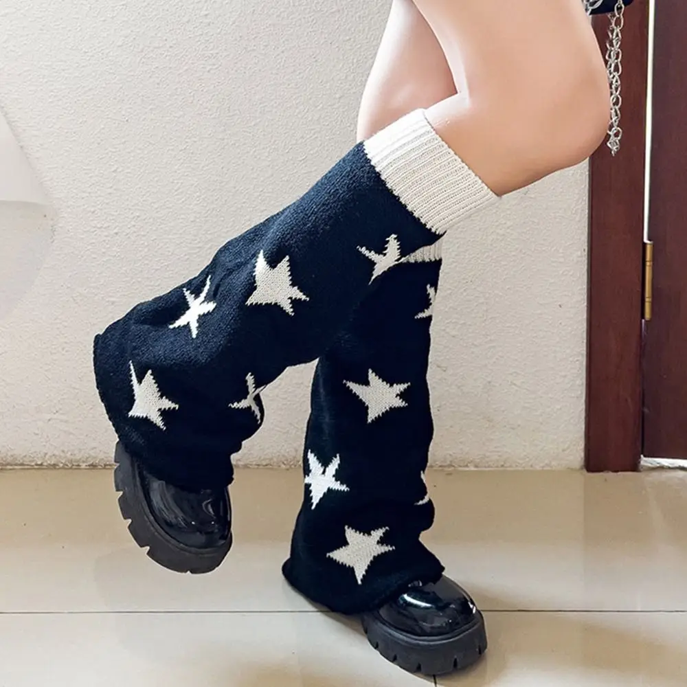 Star Pattern Women Leg Warmers Cross Design Two Side Wear Knitted Leg Warmers Heart Motif Loose Fit Knee High Leg Socks Winter