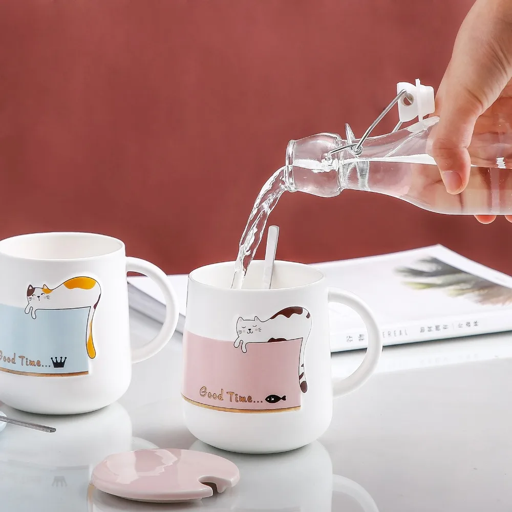 

Cute Cartoon Cat Ceramic Cup Decorative with Lid Tea Cup High Temperature Resistance with Spoon Water Cups Home Use
