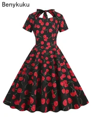 Tie Back High Wasit Cherry Print Vintage Summer Dresses for Women Sweetheart Neck Short Sleeve Backless Cotton Pinup Swing Dress