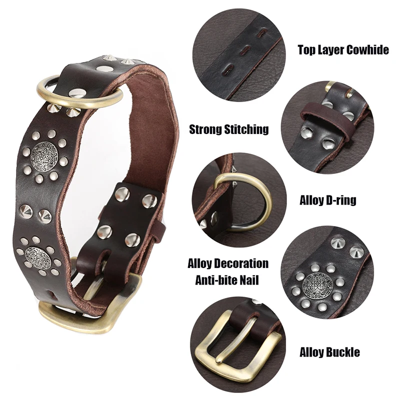 Retro Genuine Leather Pet Collar For Medium Dogs Spiked Studded Dog Collar Anti-bite Pet Necklace For Border Collie Labrador