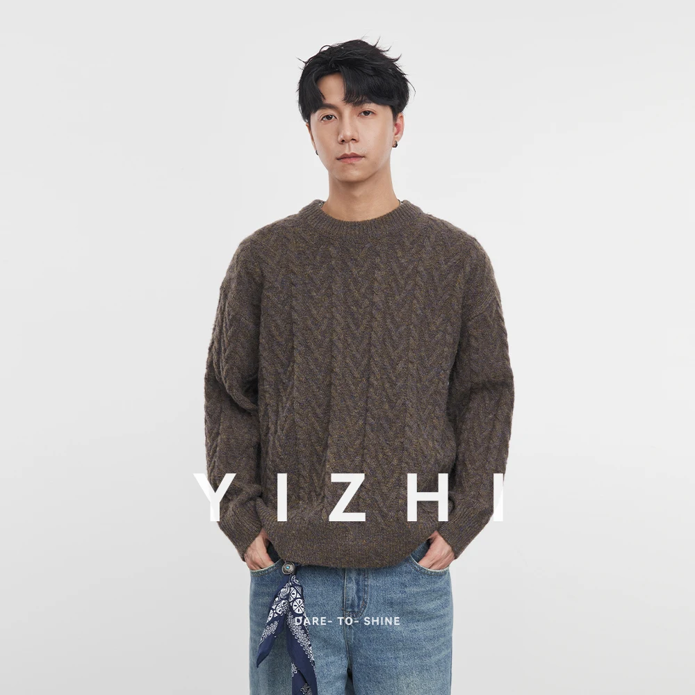 

2025 Autumn and Winter New Men's Loose Cable Knit Round Neck Pullover Sweater Men's Long Sleeve Top Trendy Casual Knitwear