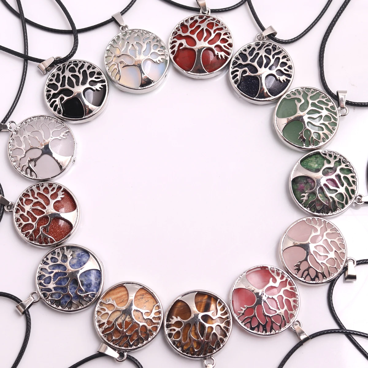 1PCS  Life Of Tree Alloy Natural Stone Pendant Necklace Tiger Eyes Crystal Quartz Healing Energy Meditation Men Jewelry