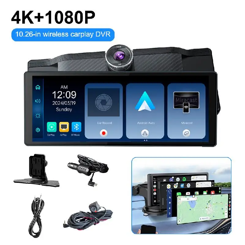 In-car Portable Wireless Touch Screen: 4K Apple CarPlay And In-car Playback Screen With 1080p Rear Camera/Bluetooth/mirror Link