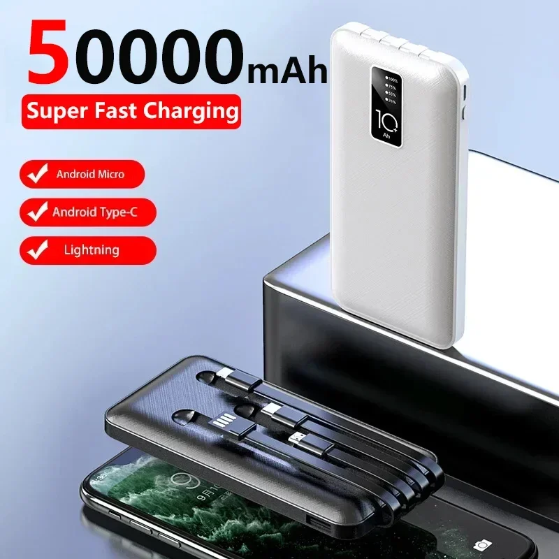 50000mAh PowerBank Fast Charging Large Capacity Built-in Cable Mobile Four-Wire Power Bank External Battery Mobile Power Supply