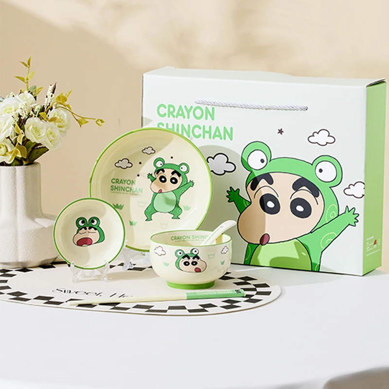 5 Pcs Crayon Shinchan Ceramic Tableware Set Cartoon Anime Bowl Plate Spoon Chopsticks Household Dinnerware Kid Birthday Gift Box