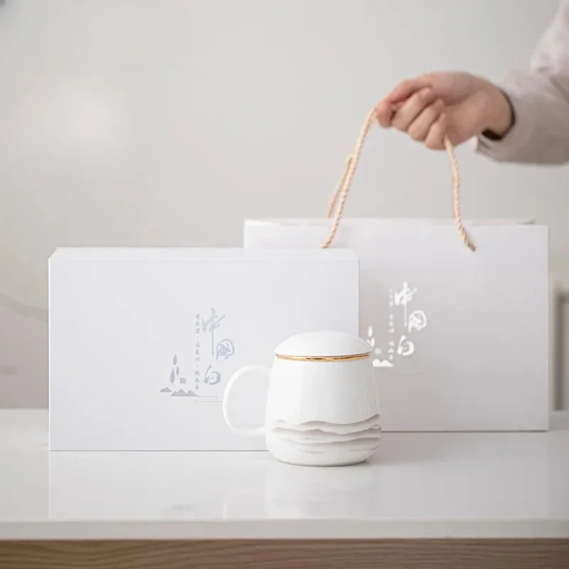 Sheep Fat Jade White Porcelain Ink Far Mountain Filter Tea Separator Cup Retro Tea Mug With Infuser Tea Soaking Office Water Cup