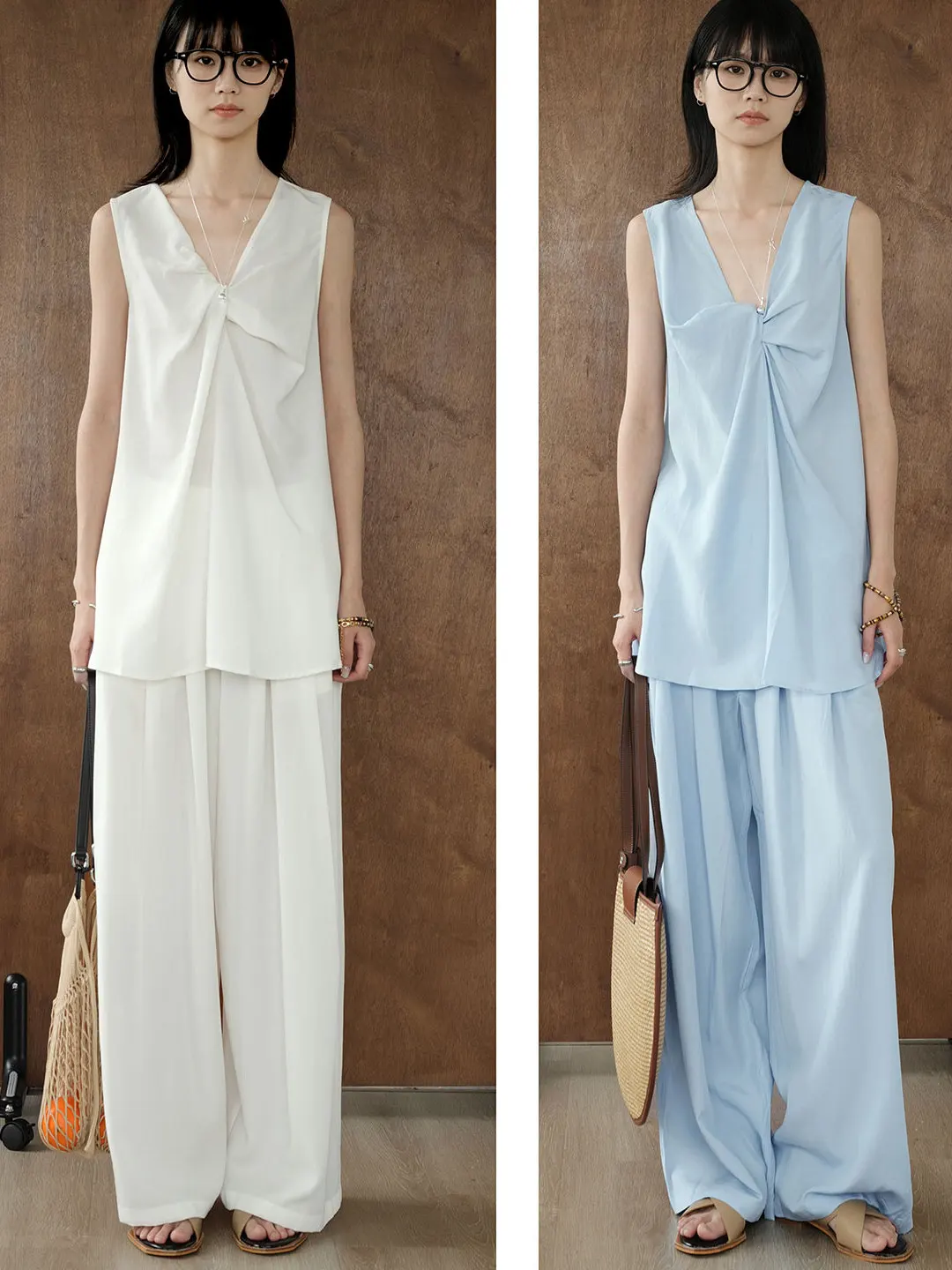 

Casual Loose Twist Vest Svel Knot Set Women Two Piece Thin irt Wide Leg Pants Leisure Pants Simple Versatile Cotton B...