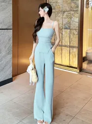 Celebrity Temperament Fashion Irregular Sling Top Wide Leg Pants Two-piece Set Women Collarbone Sleeveless Solid Slim Summer Set