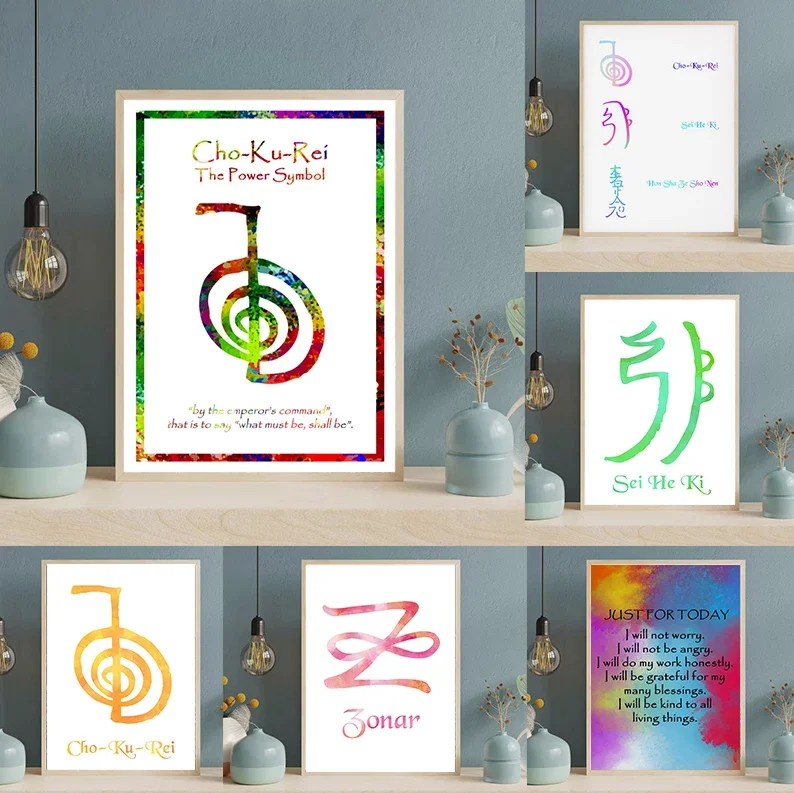 Canvas Painting Colorful Reiki Symbols Principles Poster Healing Spiritual Meditation Wall Pictures Room Home Therapy Decor