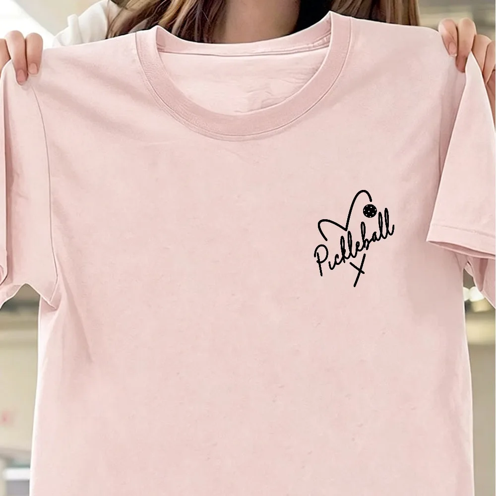 with Heart Outline Pickleball Ball Print Maroon Casual Daily Wear Comfortable Fo Cotton Crew Neck Short Sleeve Casual T-shirt