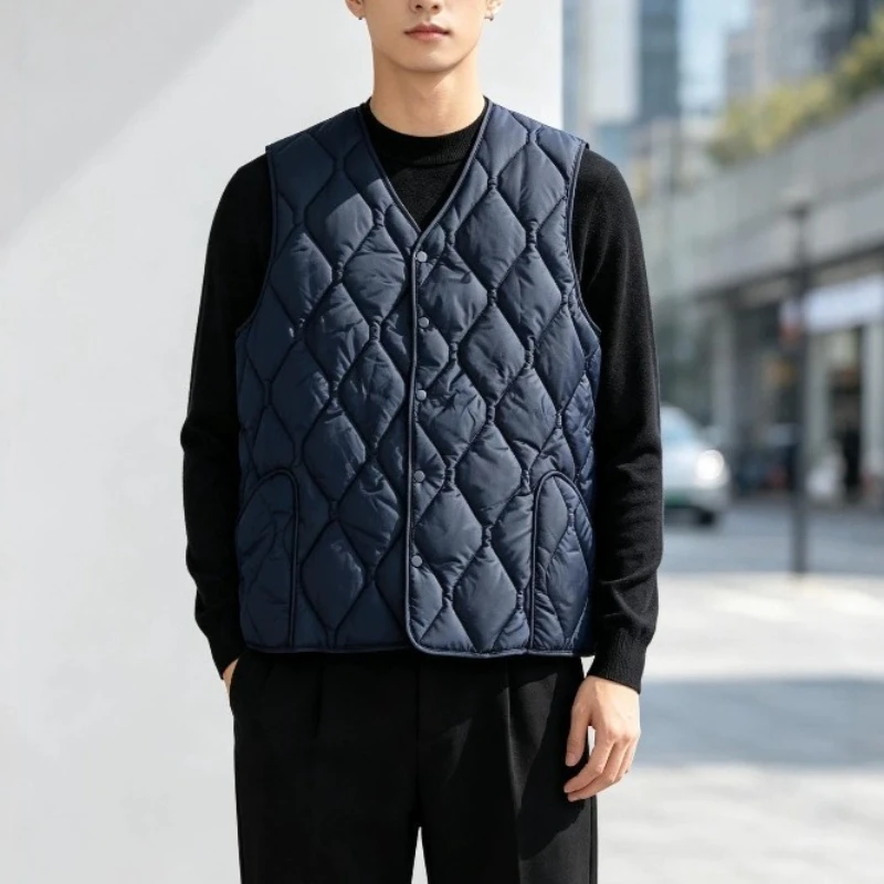 Men Sleeveless Warm Vest Lightweight Button Front V-neck Quilted Padded Waistcoat Thermal Solid Color Casual Layering Coat Vests