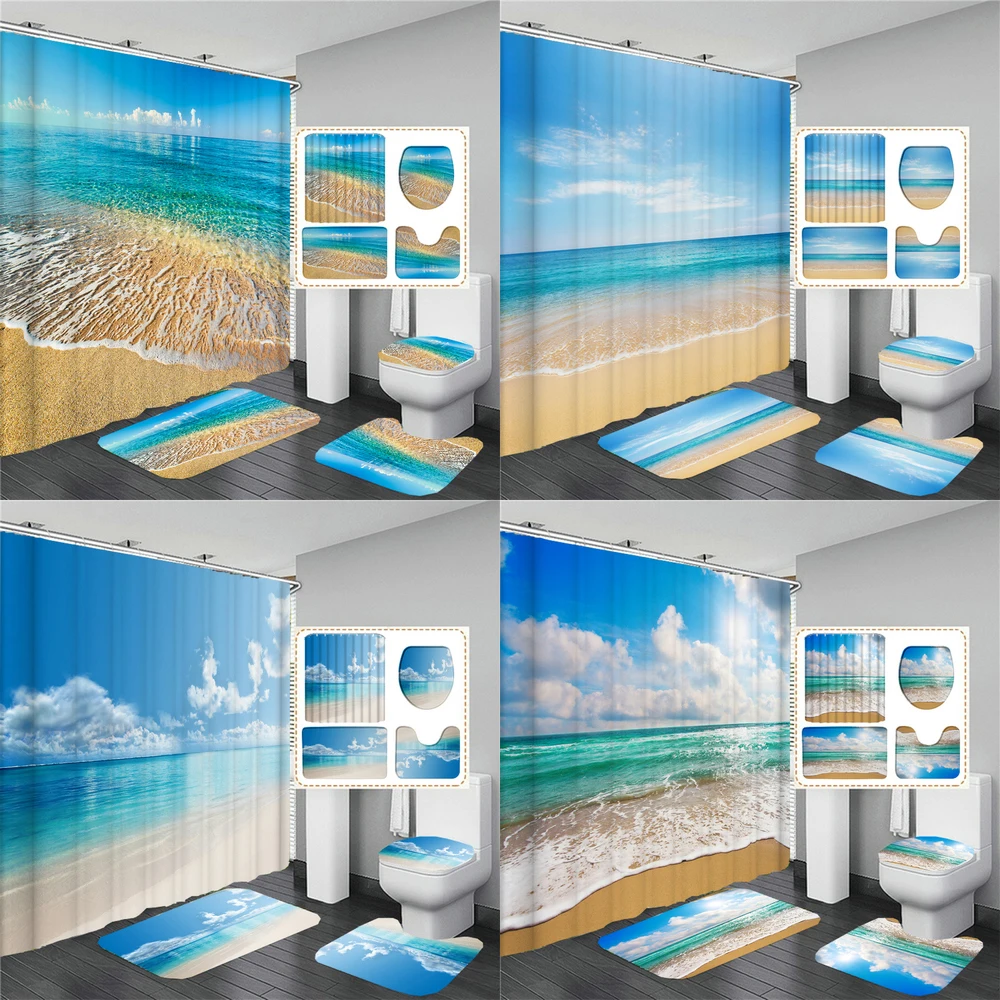 

3D Printed Blue Sea Ocean Beach Shower Curtain Waterproof Bathroom Curtain Anti-slip Bath Mat Set Toilet Rugs Carpet Home Decor