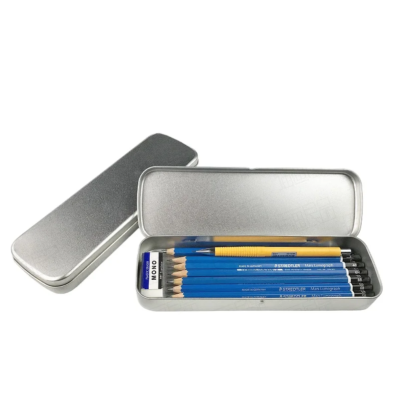 

Pencil Case Silver Rectangular Clamshell Iron Case Art Painting Pen Materials Storage Supplies Student Stationery Portable Box