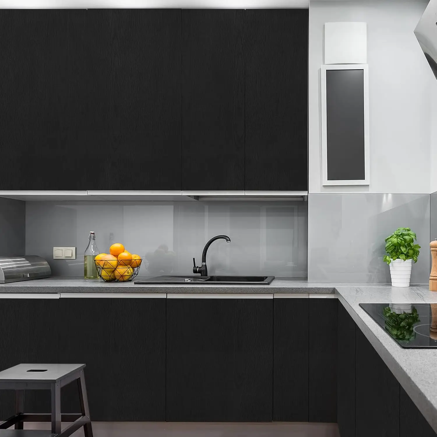 ورق جدران سميك من الخشب الأسود، أثاث فيلم بوينغ، خزانة المطبخ، ملصقات PVC ذاتية اللصق، ورق جدران من الفينيل للمطبخ