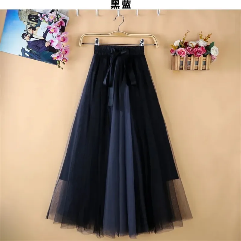 

Korean Style Skirts Womens Spring Summer Pleated Skirt Mid-length A-line Patchwork Mesh Tulle Skirt All-match Faldas Mujer Moda