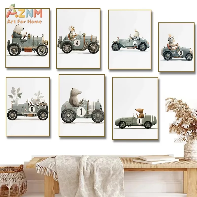 1PC Animal Driver Poster Polar Bear Lion Rabbit Vintage Race Car Canvas Painting Print Wall Art Print Nursery Home Decor