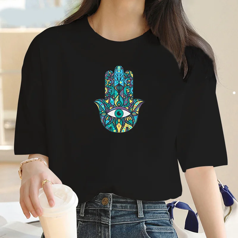 Hamasa Hand of Fatima Print Women's T-Shirts Lucky Hamsa Hand Harajuku Unisex T Shirts Summer Short Sleeve Black Top Tees Female