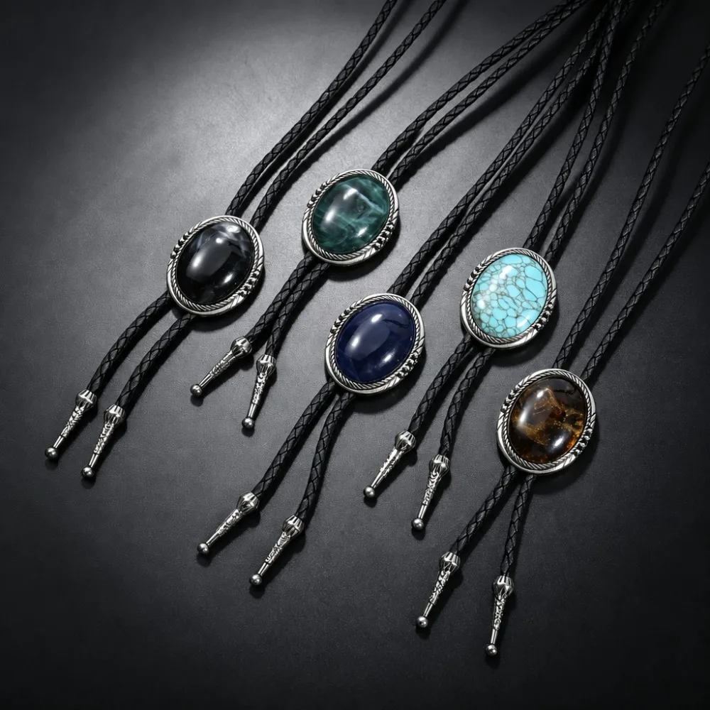 New Western Cowboy Bolo Tie Retro Adjustable Leather Rope Waterdrop Necktie for Women and Men Jewelry Accessories
