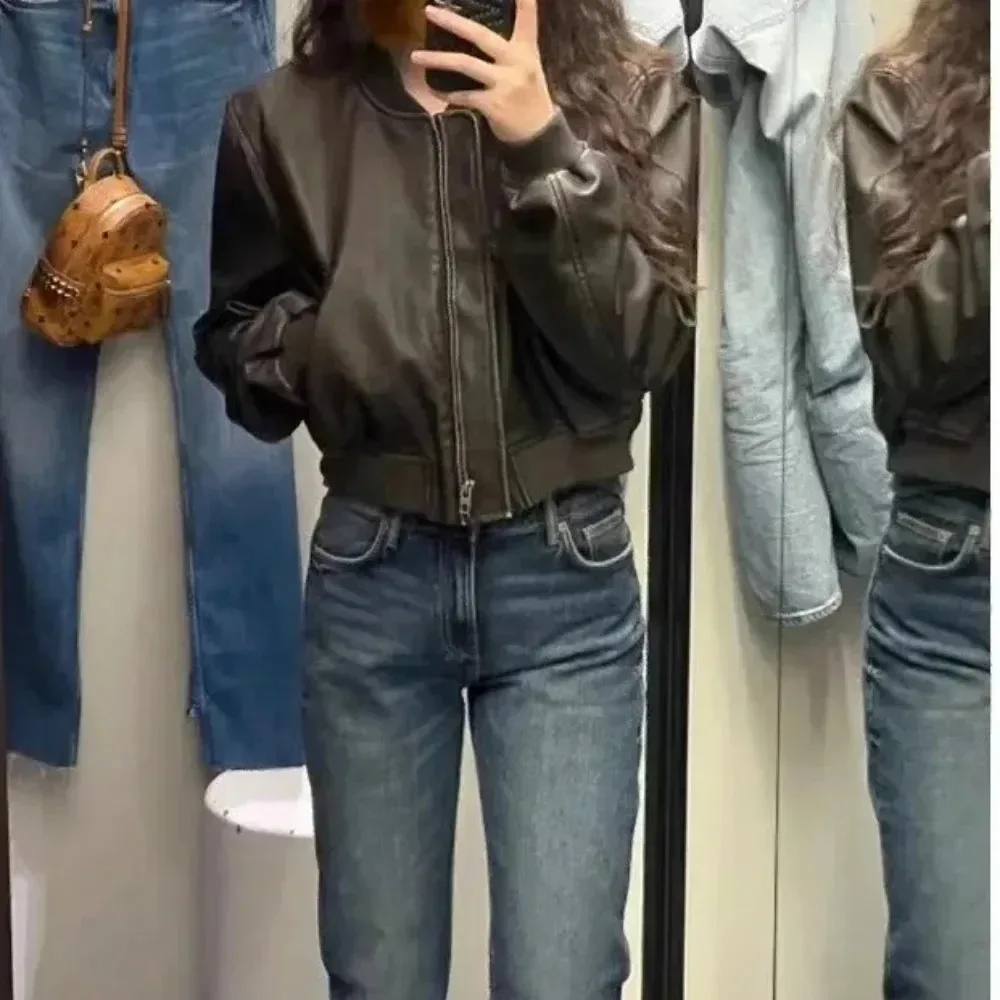 

Short Leather Washed Leather Locomotive Style Chic Coat Jacket Vintage Stand Collar Gradient Zipper Lady Loose Coat Spring Women