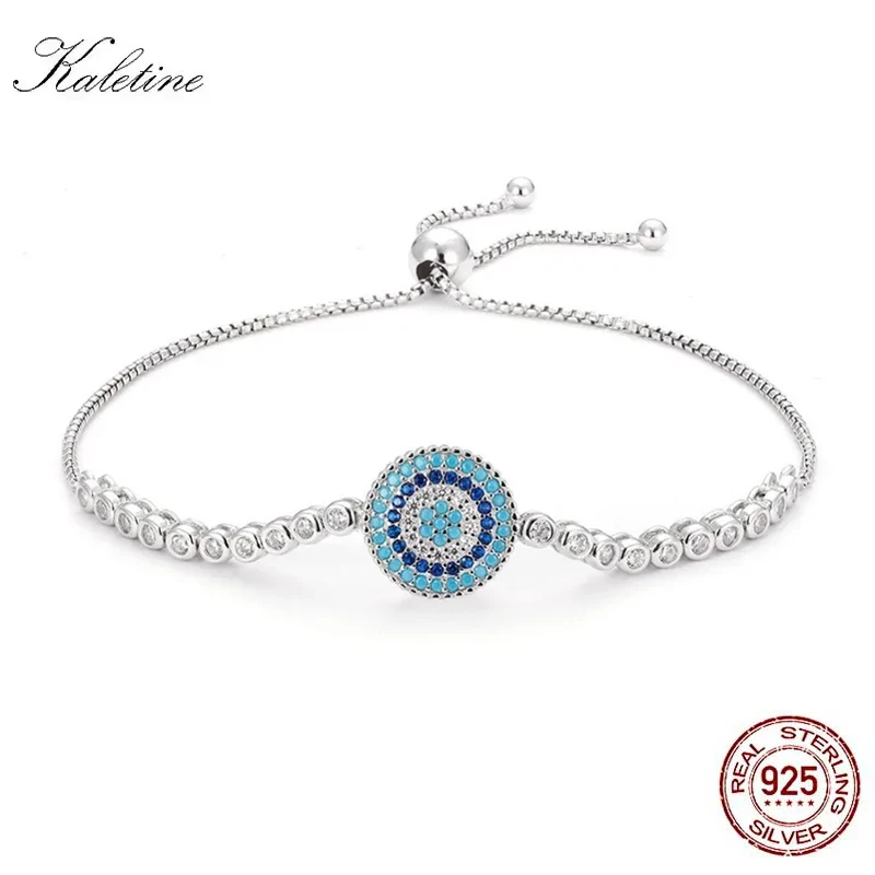 KALETINE Charm 925 Sterling Silver Woman Bracelets CZ Crystal Blue Enamel Evil Eye Beads for Women Couple Jewelry