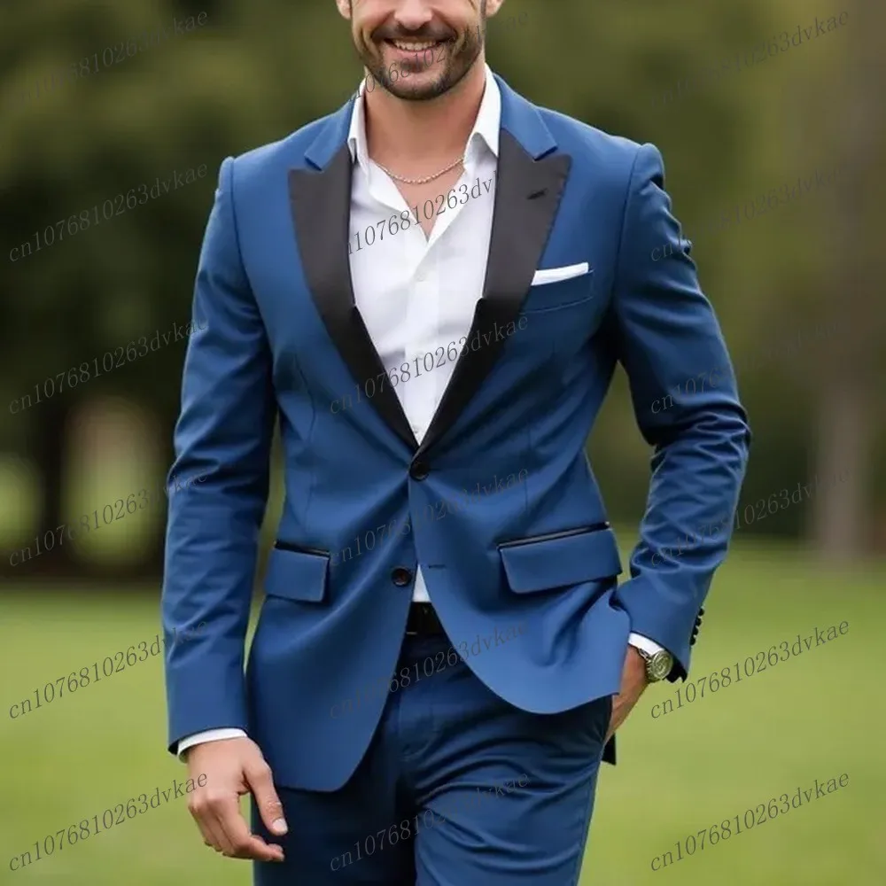 

Black Collar Blue Men Suit Groom Groomsman Wedding Party Prom Formal Occasion Business Male Tuxedos 2 Piece Set Blazer Pants