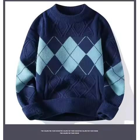 Men's sweater for autumn and winter, warm knit sweater, trendy oversized diamond grid base sweater
