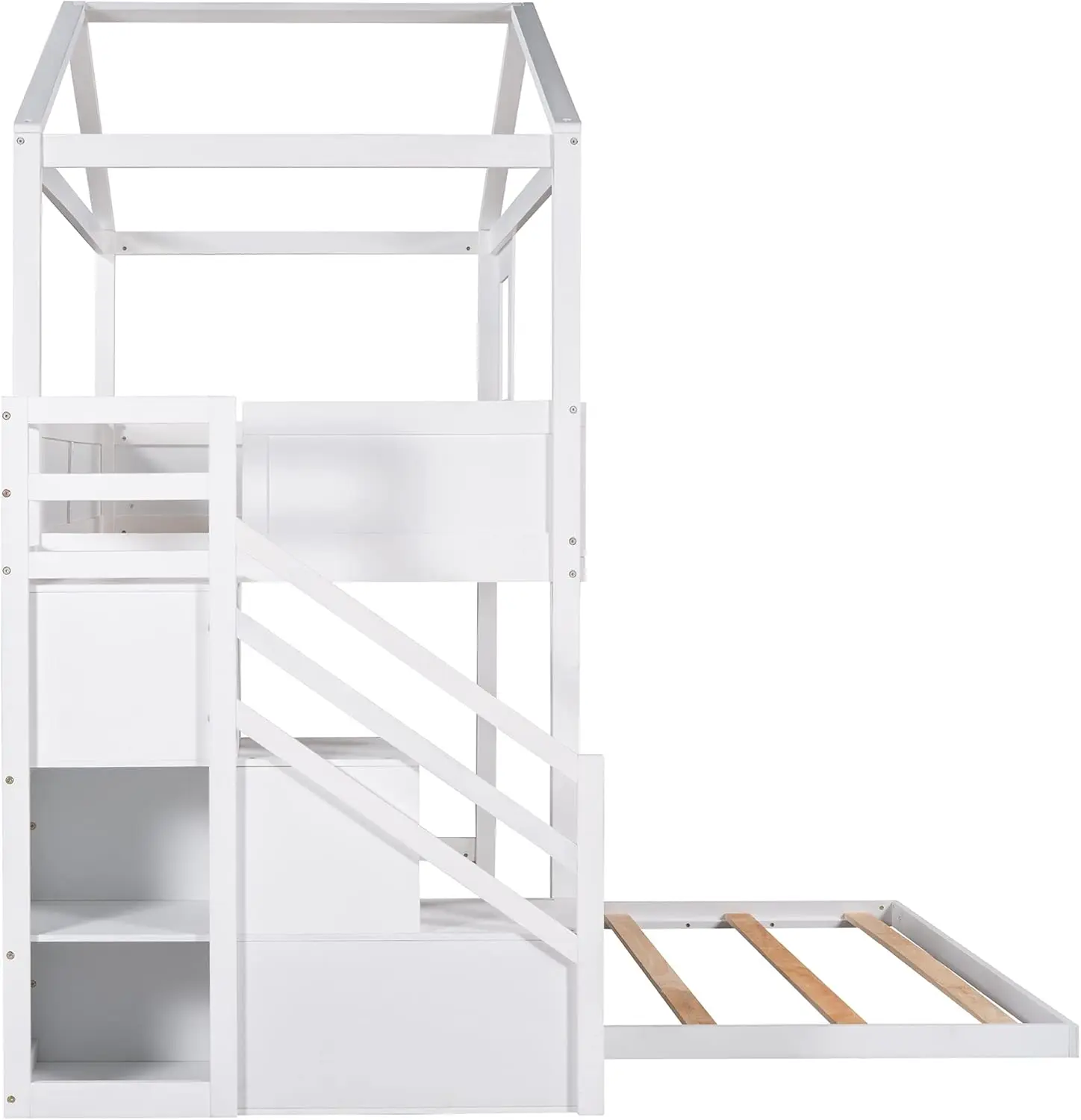 Twin Over Full House Bunk Bed With Storage Staircase & Blackboard, Wood Kids Bunk Bed With Roof And Guardrails, Playhouse Bunk