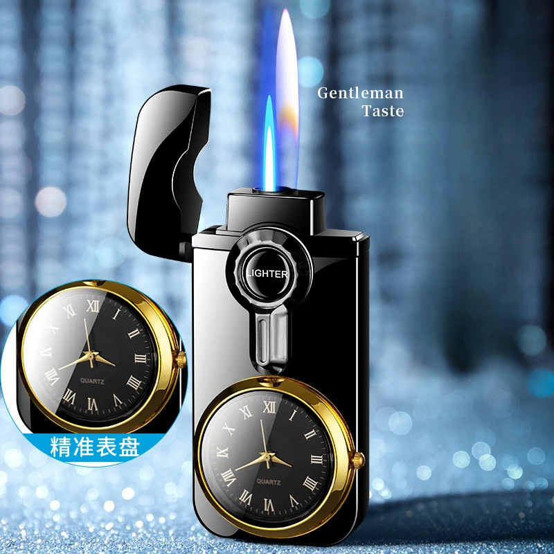 Open Flame Double Flame Inflatable Lighter Windproof Blue Flame with Dial Multifunctional Men\'s Cigarette Lighter