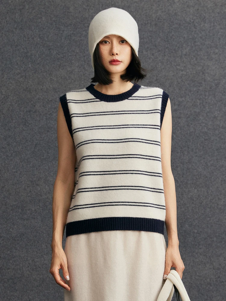 TLOML Autumn Winter Women's 100% Cashmere Sweater O-neck Striped Cashmere Waistcoat Comfy Soft Cashmere Knitwear Sleeveless Tops