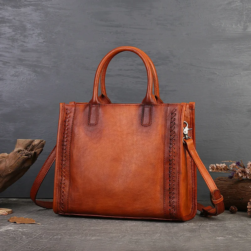 Fashionable All-Match Genuine Leather Women's Bag Simple Solid Color Retro Handbag Top Layer Leather One-Shoulder Messenger Bag
