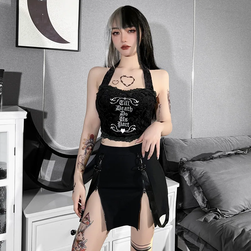Goth Dark Gothic Split A-Line Skirts Double-Sided Zipper Slits 90s Streetwear Women Mall Gothic Dropped Mini Skirt Zip Edgy