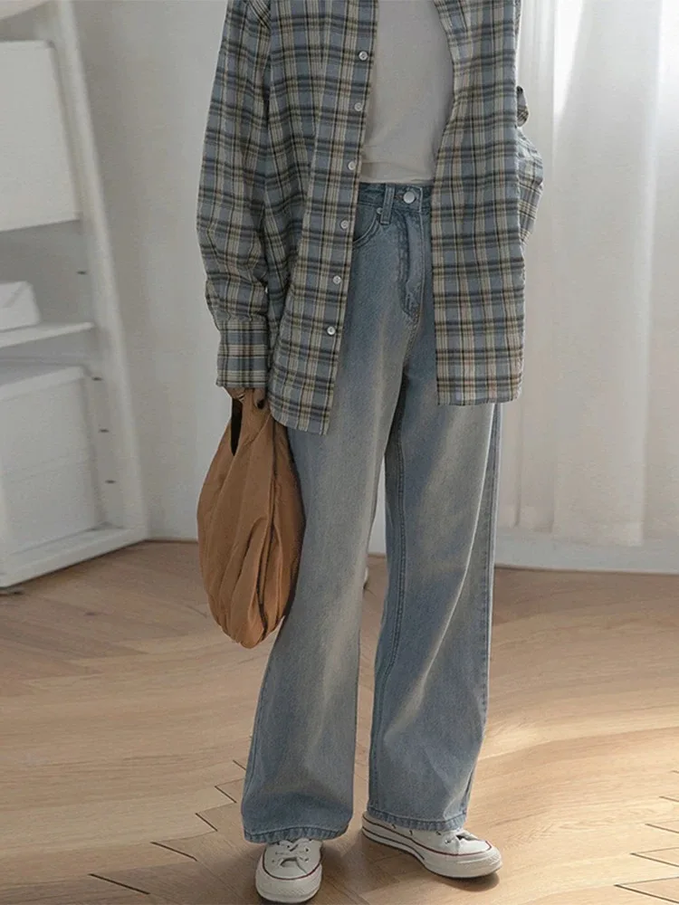 

plus Size Straight Leg Jeans Women's Spring Autumn Slimming Wide Leg Pants High Waist Casual Washed Denim Pear Shape Body
